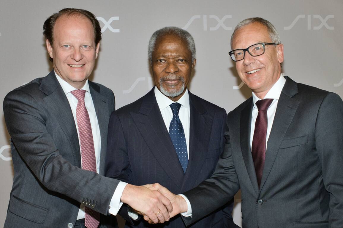 Jos Dijsselhof, CEO, SIX; Kofi Annan, ehemaliger UNO-Generalsekretär und Friedensnobelpreisträger; Romeo Lacher, Präsident, SIX