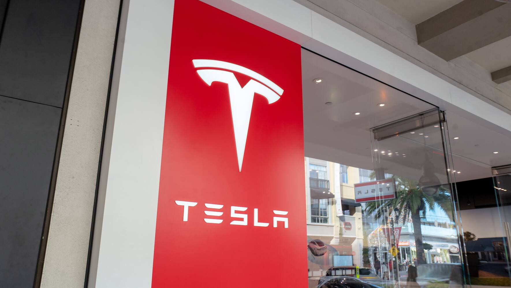 Logo is visible on facade at Tesla Motors store on Santana Row in the Silicon Valley, San Jose, California, December 14, 2019. (Photo by Smith Collection/Gado/Getty Images)