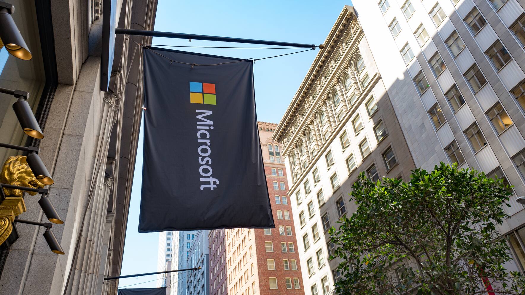 Flag with logo at the San Francisco headquarters of software company Microsoft, in the Financial District neighborhood of San Francisco, California, September 26, 2016. (Photo via Smith Collection/Gado/Getty Images).