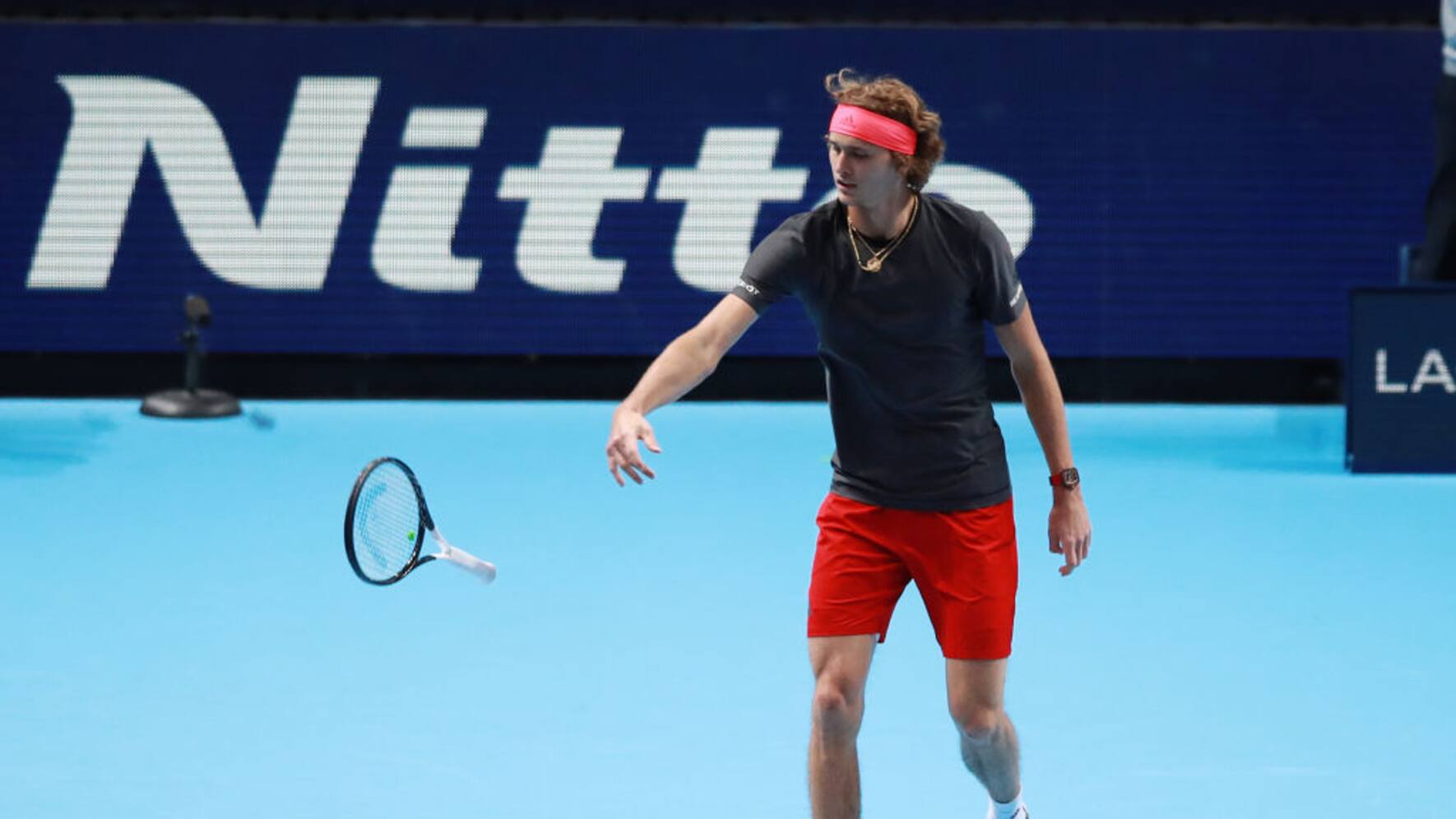 12th November 2018, O2 Arena, London, England; Nitto ATP Tennis Finals; Alexander Zverev (GER) throwing his racket on the court in anger after his shot hits the net during his game versus Marin Cilic (CRO) (photo by John Patrick Fletcher/Action Plus via Getty Images)