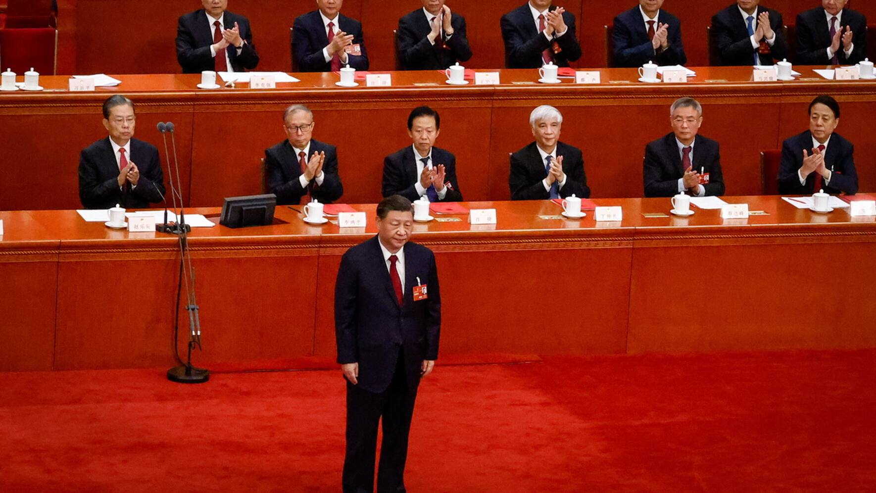 epa10519043 Chinese President Xi Jinping looks on after giving a speech during the Closing Session of the National People's Congress (NPC) at the Great Hall of the People, in Beijing, China, 13 March 2023. China holds two major annual political meetings, the National People's Congress (NPC) and the Chinese People's Political Consultative Conference (CPPCC) which run alongside and together are known as 'Lianghui' or 'Two Sessions'. EPA/MARK R. CRISTINO