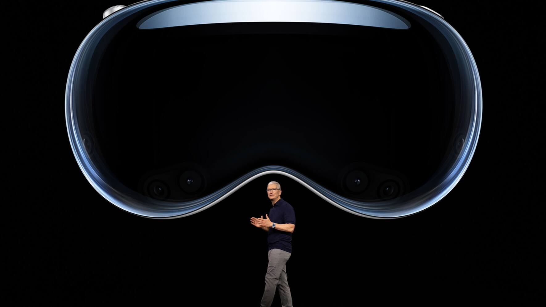 epa10675042 A handout photo made available by Apple showing Apple CEO Tim Cook introducing the Apple Vision Pro during the keynote address for the 2023 Apple Worldwide Developers Conference (WWDC) on the campus of Apple Park in Cupertino, California, USA, 05 June 2023. EPA/BROOKS KRAFT / APPLE HANDOUT Restricted to Editorial Use Only., Mandatory Apple approval required for any use, including Editorial use, beyond June 5, 2024 HANDOUT EDITORIAL USE ONLY/NO SALES