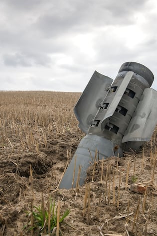 Detail of a rocket missile on the agricultural field near Kyiv  area, Ukraine, 06 April 2022 (Photo by Maxym Marusenko/NurPhoto via Getty Images)