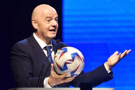 FIFA President Gianni Infantino delivers a speech during Conmebol's 78th Ordinary Congress in Luque, Paraguay on April 11, 2024. (Photo by NORBERTO DUARTE / AFP)