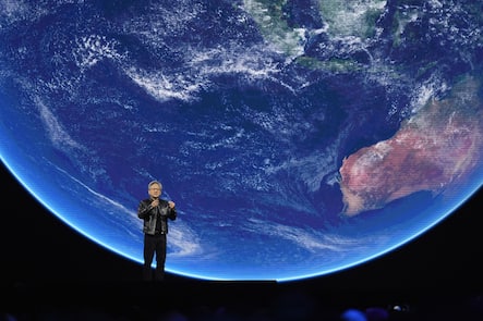 CEO Jensen Huang speaks about AI and climate during the keynote address of Nvidia GTC in San Jose, Calif., Monday, March 18, 2024. (AP Photo/Eric Risberg) Jensen Huang