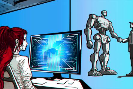 Illustration einer Frau am Computer. Im Hintergrund ein Roboter, der einem Menschen die Hand gibt.