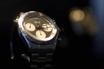 A stainless steel 1970 Paul Newman Daytona Rolex wristwatch is on display at Sotheby s in New York City on June 6, 2014. This watch is part of an extraordinary collection of wrist watches that will lead the June 10th auction at Sotheby s in New York.