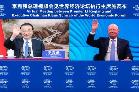 220719 -- BEIJING, July 19, 2022 -- Chinese Premier Li Keqiang meets with Klaus Schwab, executive chairman of the World Economic Forum WEF, via video link at the Great Hall of the People in Beijing, capital of China, July 19, 2022. CHINA-BEIJING-LI KEQIANG-WEF-VIRTUAL MEETING CN ZhaixJianlan PUBLICATIONxNOTxINxCHN