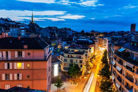 Lausanne panorama at night. Lausanne, Vaud, Switzerland. , 22236248.jpg, Europe, Lake Geneva, Lausanne, Switzerland, Vaud, alps, architecture, blue, city, cityscape, day, downtown, dusk, evening, landmark, marina, night, outdoors, skyline, travel, street, blue, skyline, aerial, house, tower, church,