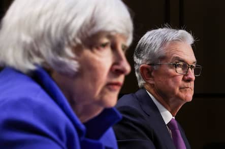 WASHINGTON, DC - SEPTEMBER 28: Treasury Secretary Janet Yellen and Federal Reserve Chairman Jerome Powell testify during a Senate Banking, Housing and Urban Affairs Committee hearing on the CARES Act, at the Hart Senate Office Building on September 28, 2021 in Washington, DC. The hearing examined the effects and results of the Coronavirus Aid, Relief, and Economic Security Act, also known as the CARES ACT. (Photo by Kevin Dietsch/Getty Images)