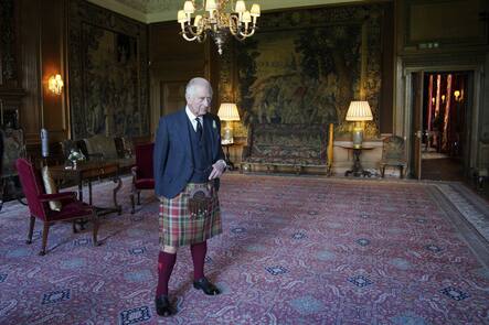 Britain's King Charles III before an audience with the Presiding Officer of the Scottish Parliament Alison Johnstone at the Palace of Holyroodhouse, Edinburgh, Scotland, Monday Sept. 12, 2022. (Peter Byrne/Pool via AP)