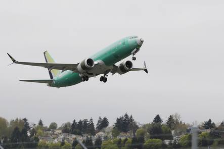 A Boeing 737 MAX 8 airplane being built for India-based Jet Airways, flies after taking off on a test flight, Wednesday, April 10, 2019, at Boeing Field in Seattle. Flight test and other non-passenger-bearing flights of the plane continue in the Seattle area where the plane is manufactured, as a world-wide grounding the the 737 MAX 8 continues, following fatal crashes of MAX 8's operated by Ethiopian Airlines and Lion Air. (AP Photo/Ted S. Warren)