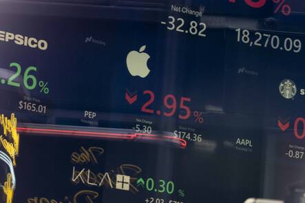 epa11199230 A screen shows the stock price for the Apple company at the Nasdaq composite stock exchange in New York, New York, USA, 04 March 2024. Shares of the Apple company dropped today after the European Commission announced it was fining Apple ?1.8 billion euro/ $1.95 billion for alleged antitrust action due to alleged abuse of its position in the music streaming apps market. EPA/JUSTIN LANE