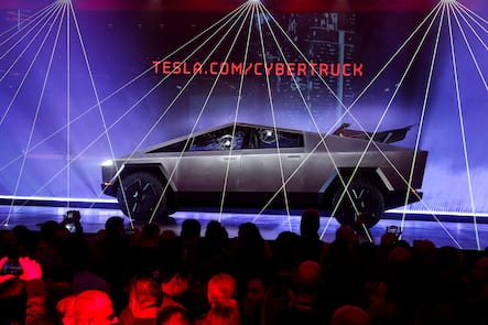 The Tesla Cybertruck is unveiled at Tesla's design studio Thursday, Nov. 21, 2019, in Hawthorne, Calif. CEO Elon Musk is taking on the workhorse heavy pickup truck market with his latest electric vehicle. (AP Photo/Ringo H.W. Chiu)