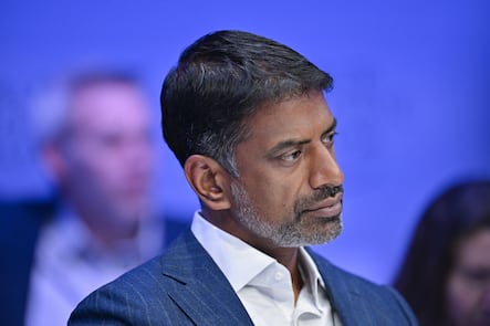 Vas Narasimhan, CEO of Swiss Pharma multinational Novartis participates in a panel session during the 53rd annual meeting of the World Economic Forum, WEF, in Davos, Switzerland, Wednesday, January 18, 2023. The meeting brings together entrepreneurs, scientists, corporate and political leaders in Davos under the topic "Cooperation in a Fragmented World" from 16 to 20 January. (KEYSTONE/Gian Ehrenzeller)