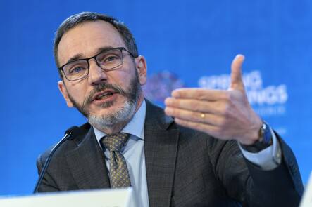 International Monetary Fund (IMF) Director of the Research Department Pierre-Olivier Gourinchas speaks at a news conference during the World Bank/IMF Spring Meetings at the International Monetary Fund (IMF) headquarters in Washington, Tuesday, April 11, 2023. (AP Photo/Jose Luis Magana)