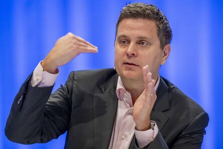 Thomas Schinecker, CEO Roche Group, speaks during the 2023 full-year results media conference of pharmaceutical companie Roche in Basel, Switzerland, on Thursday, February 1, 2024. (KEYSTONE/Georgios Kefalas)