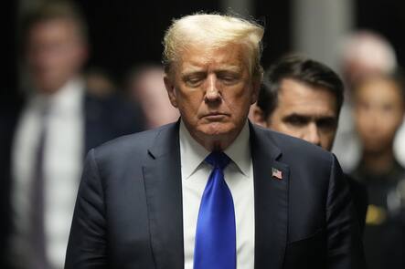 Former President Donald Trump walks to make comments to members of the media after a jury convicted him of felony crimes for falsifying business records in a scheme to illegally influence the 2016 election, at Manhattan Criminal Court, Thursday, May 30, 2024, in New York. (AP Photo/Seth Wenig, Pool).Donald Trump
