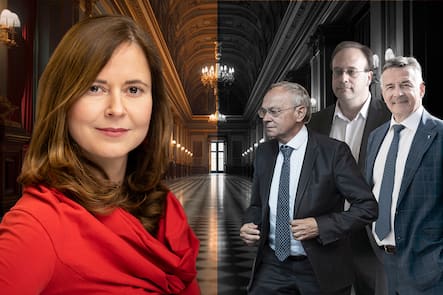 Weko-Präsidentin Laura Baudenbacher gegen die Ständeräte Olivier Francais, Hans Wicki und Henrique Schneider, stellvertretender Direktor des Gewerbeverband.s