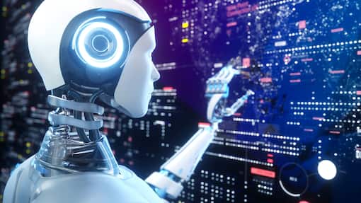 Künstliche Intelligenz ist ein Urknall – und keine Blase Digital generated image of artificial intelligence robot touching projected screens with data against black background.