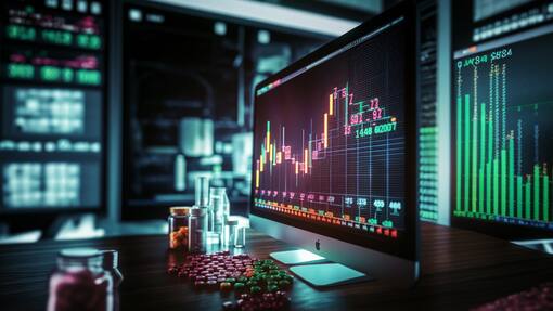 Die Sandoz-Aktie könnte um die 50 Franken kosten Illustration PILLS STOCK MARKET VALUE HZ KI mit MIDJOURNEY