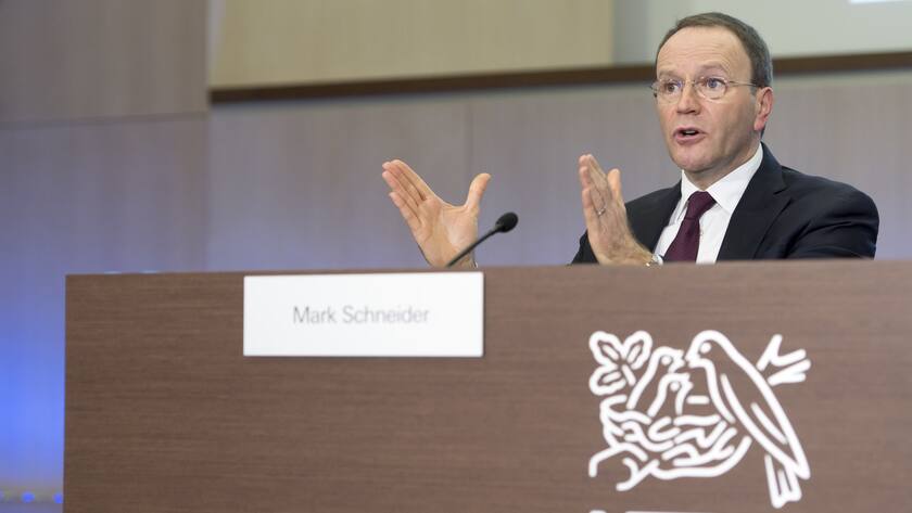 Nestle's CEO Ulf Mark Schneider speaks during the 2018 full-year results press conference of the food and drinks giant Nestle, in Vevey, Thursday, February 14, 2019.(KEYSTONE/Laurent Gillieron)