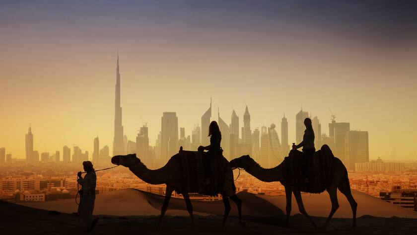 Kamele in der Wüste vor der Skyline der Metropole Dubai.