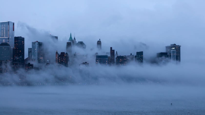 Dramatic scene of a very foggy day in New York City