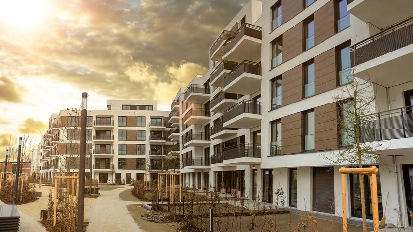 Cityscape with facade of a modern residential building