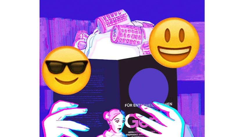 Illustration, Frau mit Lockenwickler liest Buch über Generation Z und Unternehmensführung