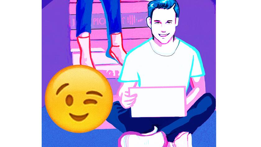 Illustration Mann hat Laptop auf dem Schoss sitzt im Schneidersitz Generation Z