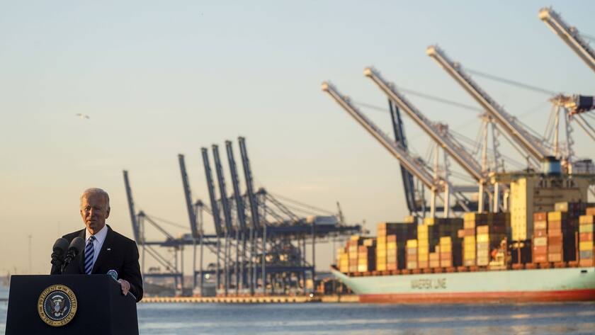 President Joe Biden delivers remarks on how the Bipartisan Infrastructure Deal delivers for the American people at the Port of Baltimore in Baltimore, MD on Wednesday, November 10, 2021. The infrastructure deal includes $550 billion for infrastructure, job creation, broadband and fighting climate change. Photo Leigh Vogel/ PUBLICATIONxINxGERxSUIxAUTxHUNxONLY WAP20211110903 LeighxVogel