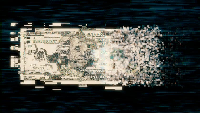 Pixelated us paper currency on dark background