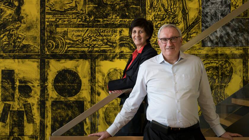 Idorsia pharmaceutical Chief Executive Officer (CEO) Jean-Paul Clozel (R) and Martine Clozel (L), Chief Scientific Officer (CSO) and Executive vice-president, speak during an interview at the Idorsia pharmaceutical headquarters in Allschwil, Switzerland on January 10, 2019. (Photo by SEBASTIEN BOZON / AFP)