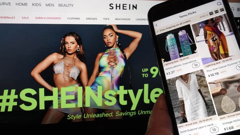 Pages from the Shein website, left, and from the Temu site, right, are shown in this photo, in New York, Friday, June 23, 2023. Chinese e-commerce retailer Temu has filed a lawsuit accusing its rival Shein of violating U.S. antitrust law by blocking clothing manufacturers from working with Temu. (AP Photo/Richard Drew)
