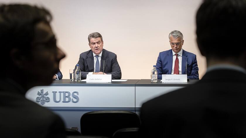 Newly appointed Group Chief Executive Officer of Swiss Bank UBS Sergio P. Ermotti, right, and UBS Chairman Colm Kelleher, left, attend news conference in Zurich, Switzerland on Wednesday, March 29, 2023. (KEYSTONE/Michael Buholzer)