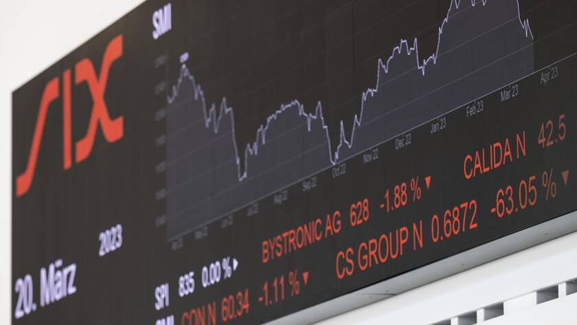 A stock ticker of the developments on the Credit Suisse stock exchange, taken on Monday, 20th of March 2023, Zurich. The Swiss government on 19 March 2023 announced it was making way for UBS to take over Credit Suisse. UBS buys Credit Suisse at a price of three billion US dollars in shares. Shares of Credit Suisse went tumbling on 15 March 2023 after its biggest shareholder told outlets that it would not inject more money into the ailing Swiss bank. (KEYSTONE/Ennio Leanza)