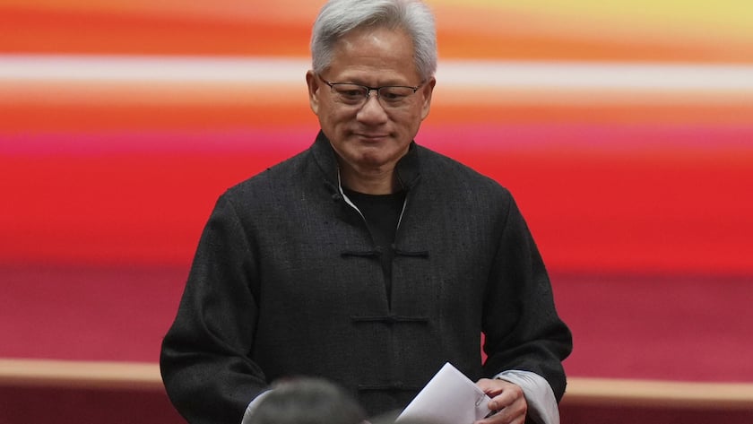 CEO of Nvidia Jensen Huang arrives to the opening ceremony of the third China International Supply Chain Expo, in Beijing, Wednesday, July 16, 2025. (AP Photo/Andy Wong) China International Supply Chain Expo