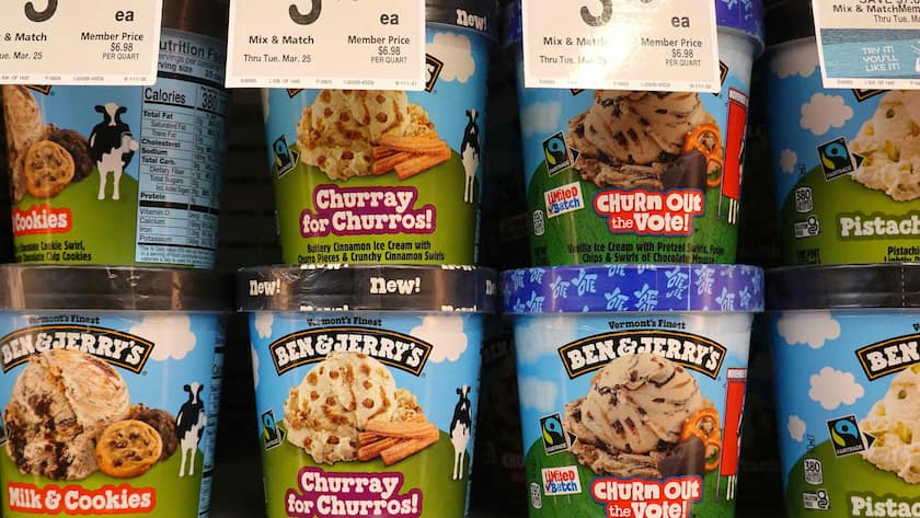 SAN ANSELMO, CALIFORNIA - MARCH 19: Ben and Jerry's ice cream is displayed on a shelf at a grocery store on March 19, 2025 in San Anselmo, California. Ice cream maker Ben and Jerry's is accusing its parent company, Unilever, of dismissing CEO David Stever for supporting Ben and Jerry's political activism. Justin Sullivan/Getty Images/AFP (Photo by JUSTIN SULLIVAN / GETTY IMAGES NORTH AMERICA / Getty Images via AFP)