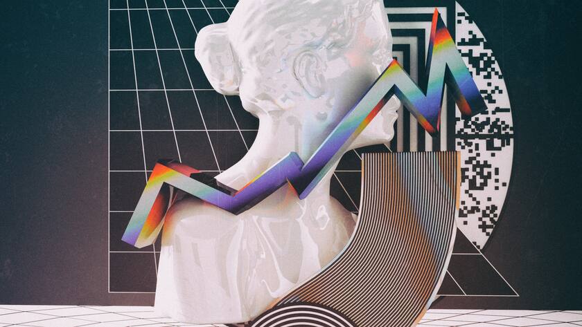 This image is a surrealistic abstraction created in 3d graphics. This is a 3d collage in the style of the 70's and 80's when the first computers appeared.