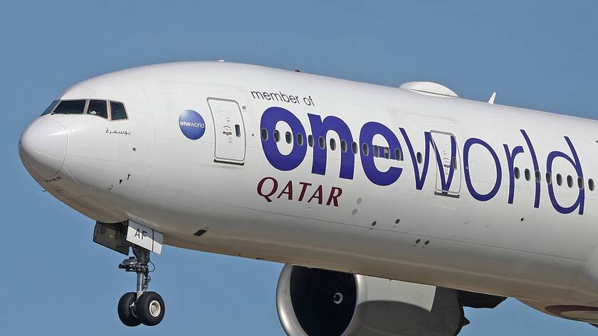 Qatar Oneworld Boeing 777-3DZ landing Boeing 777-3DZER, from Qatar Airways Oneworld Livery company, landing at Barcelona airport, in Barcelona, on 24th February 2023. Photo: Joan Valls/Urbanandsport /NurPhoto Barcelona Spain PUBLICATIONxNOTxINxFRA Copyright: xUrbanandsportx originalFilename: urbanandsport-qatarone230224_npsTT.jpg