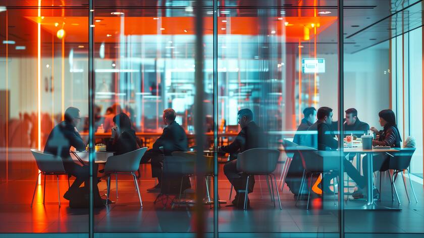 Futuristic AI interfaces seamlessly integrated with people Workmates having lunch in canteen office building. Minimal Editorial Photography style --ar 3:2 Job ID: 9f6181a3-f06c-4a86-b5b1-e3094b22867e