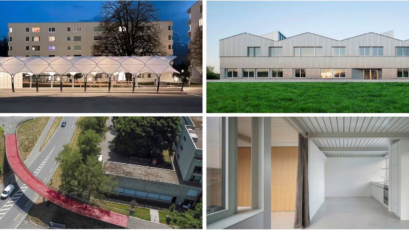 Die vier Preisträger (von links oben im Uhrzeigersinn): Pavillon «Porte de la forêt», Sammlungszentrum Augusta Raurica, Kreislaufwohnhaus Zürich, Stahlbrücke in Ecublens.