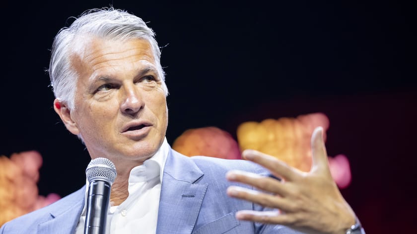 Group Chief Executive Officer of Swiss Bank UBS Sergio P. Ermotti speaks at the Point Zero Forum at the Circle in Zurich, Switzerland on Tuesday June 27, 2023. (KEYSTONE/Michael Buholzer).