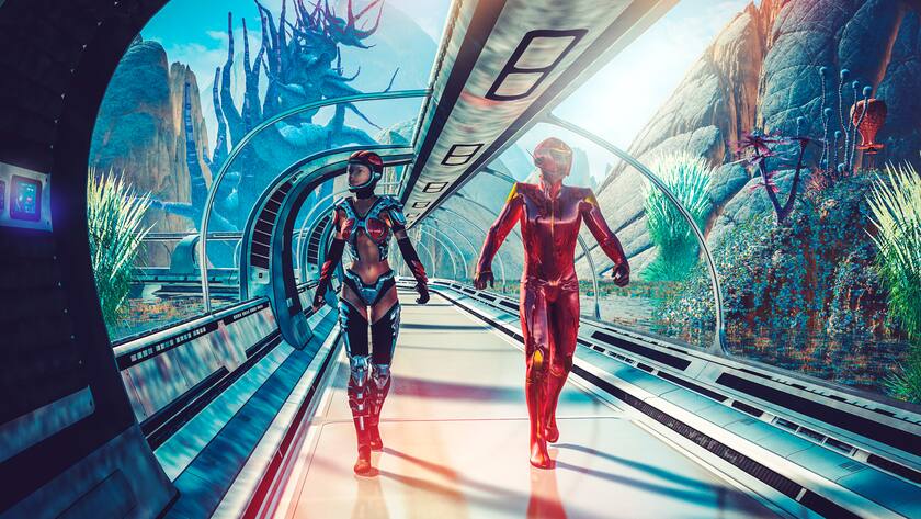 Retro sci-fi of futuristic planetary terraforming.