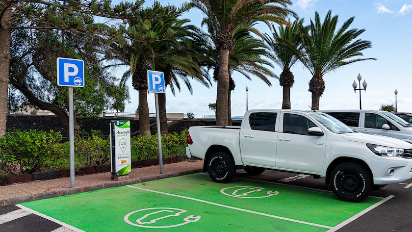 Green parking area with Iberdrola charging station for electric car, Lanzarote, Canary Islands, Spain