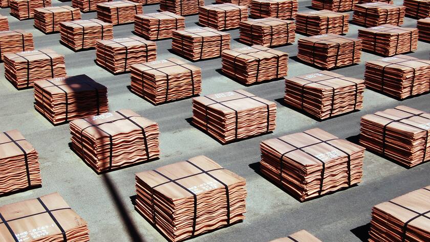 At the largest copper mine in the world, copper cathode sheets are ready for sale.