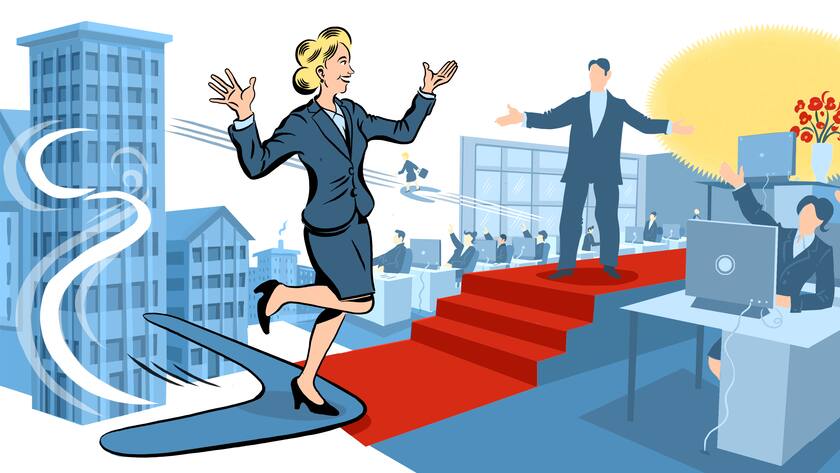 Illustration einer Frau vor einem roten Teppich, die vom Chef oben an der Treppen mit offenen Armen empfangen wird.