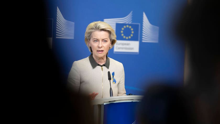 March 8, 2022, BRUSSELS: Italian Prime Minister Mario Draghi unseen delivers a statement next to President of the European Commission Ursula von der Leyen on the occasion of their meeting at the Berlaymont Building, headquarters of the European Commission, in Brussels, Belgium, 07 March 2022..ANSA/ CHIGI PALACE PRESS OFFICE/ FILIPPO ATTILI. BRUSSELS PUBLICATIONxINxGERxSUIxAUTxONLY - ZUMAa110 20220308_zaf_a110_002 Copyright: xChigixPalacexPressxOffice/xFilipx