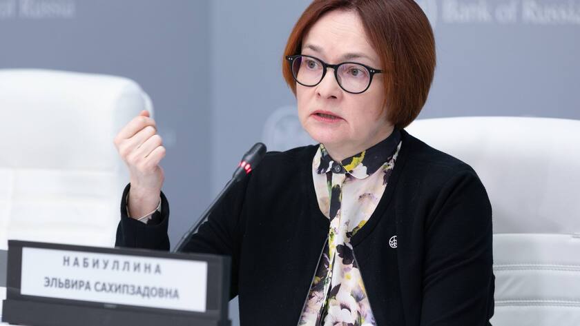 Elwira Nabiullina, Leiterin der russischen Zentralbank, an der Pressekonferenz am 11. Februar 2022, als der Leitzins auf 9.5 Prozent angehoben wurde.